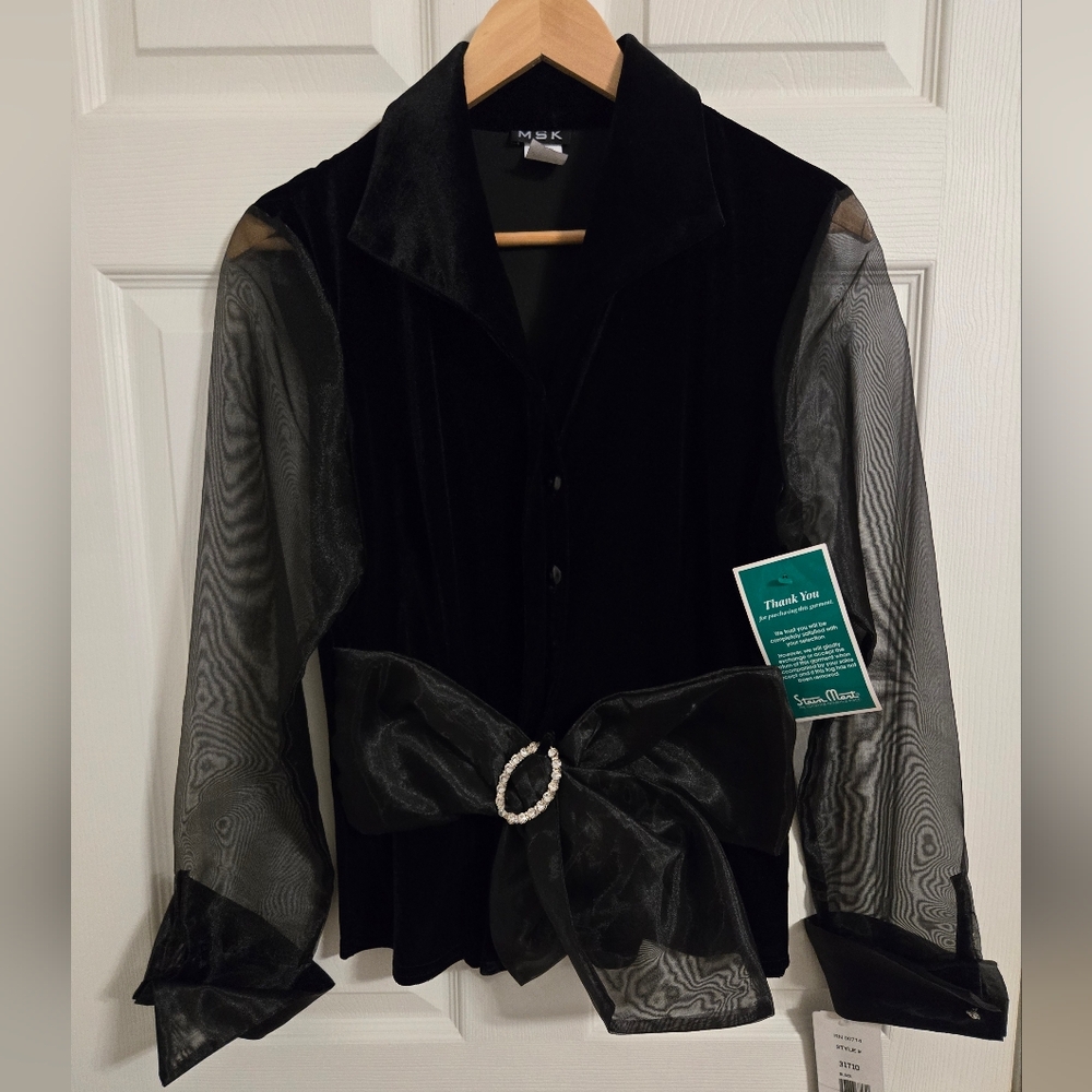 MSK Black Sheer Sleeve Holiday Velour Blouse Size Medium New With Tags